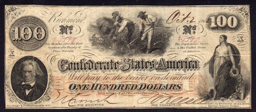 T-41, PF59, 1862 $100 Confederate States of America, 24518, VF